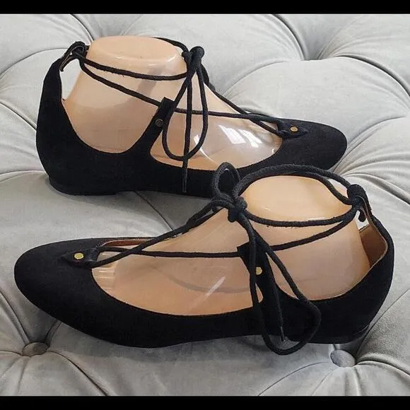 Chole' Women Foster Black Suede Round Toe Lace Up Ballet Flat Shoe 38.5 8.5 $795