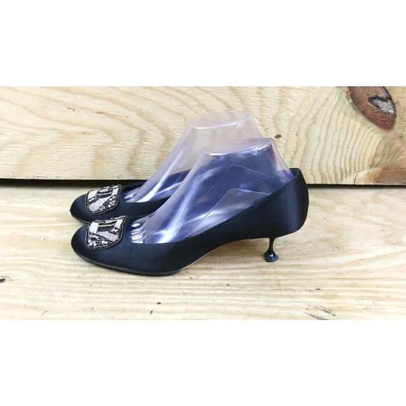 Christian Lacroix Shoes Womens 8 Black Satin Jewel Kitten Heel Slip On Vintage