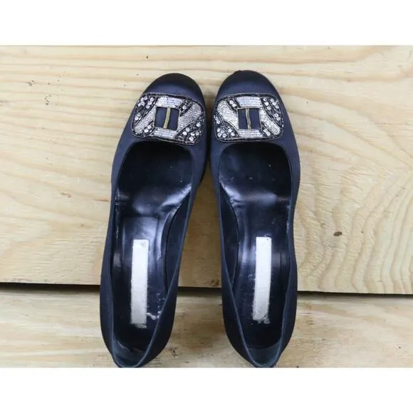 Christian Lacroix Shoes Womens 8 Black Satin Jewel Kitten Heel Slip On Vintage