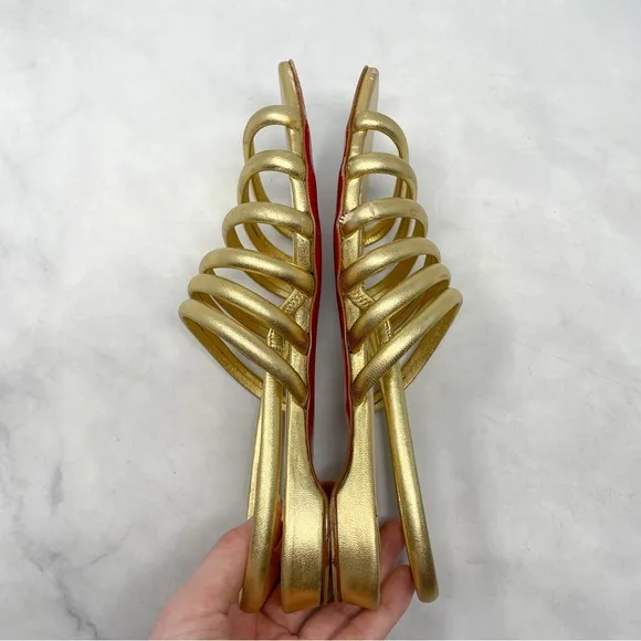 Christian Louboutin Vildo Metallic Gold Strappy Slingback Flat Sandals Shoes 36