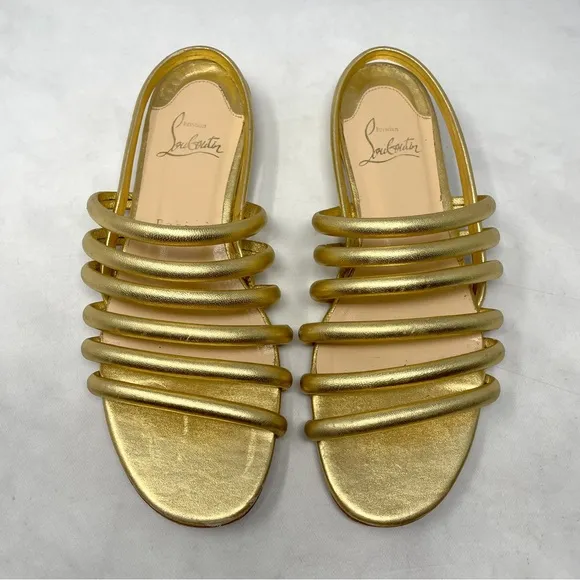 Christian Louboutin Vildo Metallic Gold Strappy Slingback Flat Sandals Shoes 36