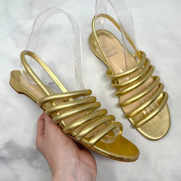 Christian Louboutin Vildo Metallic Gold Strappy Slingback Flat Sandals Shoes 36