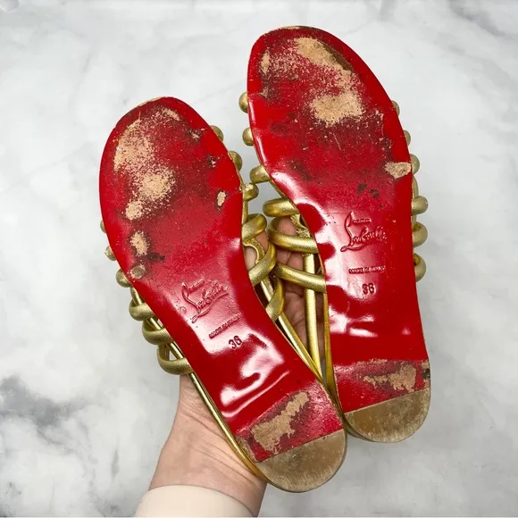 Christian Louboutin Vildo Metallic Gold Strappy Slingback Flat Sandals Shoes 36