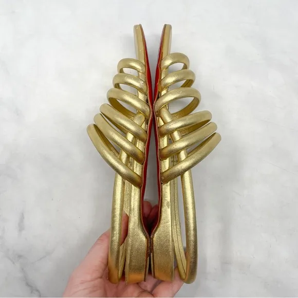 Christian Louboutin Vildo Metallic Gold Strappy Slingback Flat Sandals Shoes 36