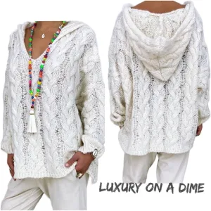 Chunky Cable-Knit Oversized Hoodie Long Sleeve Pullover Sweater Shirt Top Boho