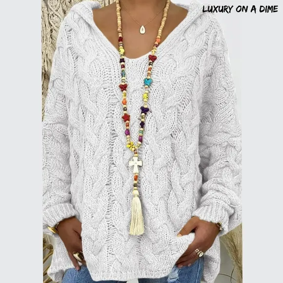 Chunky Cable-Knit Oversized Hoodie Long Sleeve Pullover Sweater Shirt Top Boho