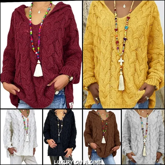 Chunky Cable-Knit Oversized Hoodie Long Sleeve Pullover Sweater Shirt Top Boho