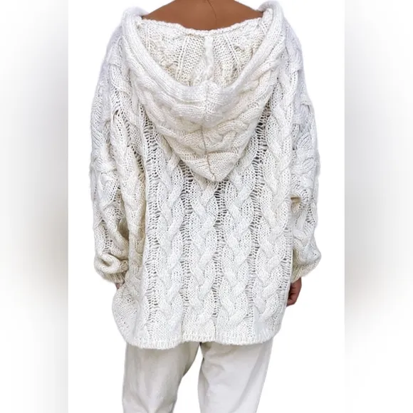 Chunky Cable-Knit Oversized Hoodie Long Sleeve Pullover Sweater Shirt Top Boho