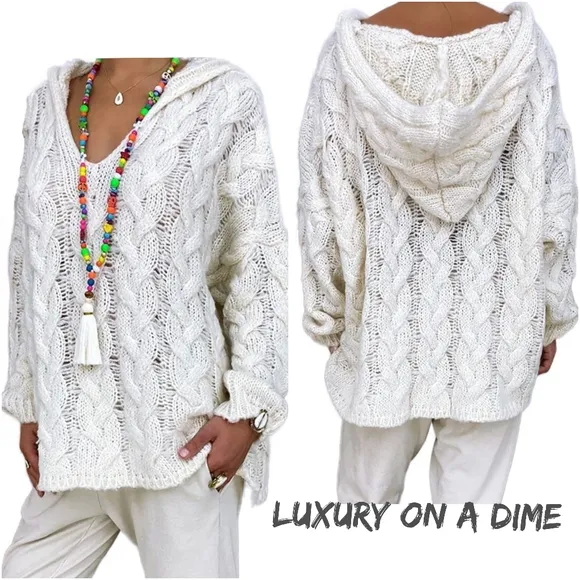 Chunky Cable-Knit Oversized Hoodie Long Sleeve Pullover Sweater Shirt Top Boho