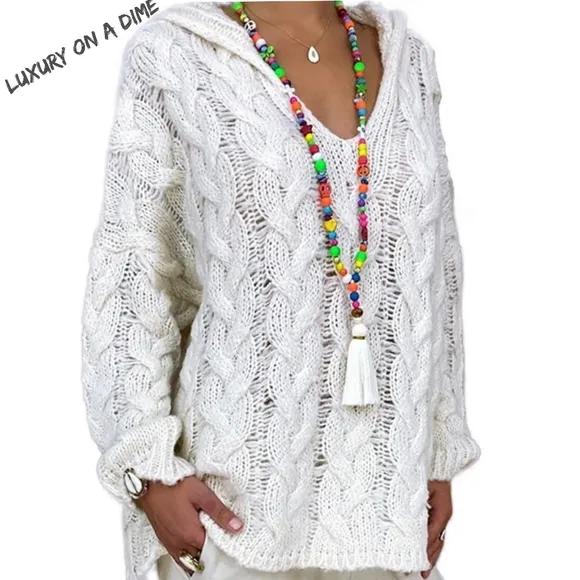 Chunky Cable-Knit Oversized Hoodie Long Sleeve Pullover Sweater Shirt Top Boho