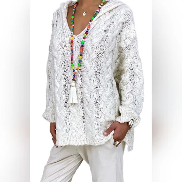 Chunky Cable-Knit Oversized Hoodie Long Sleeve Pullover Sweater Shirt Top Boho