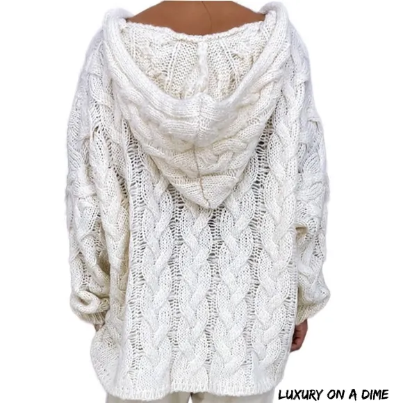 Chunky Cable-Knit Oversized Hoodie Long Sleeve Pullover Sweater Shirt Top Boho