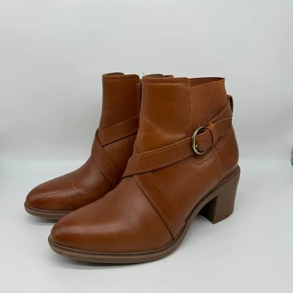 Clarks Brown Leather and Fabric Criss Cross Buckle Ankle Boots Womens Size 9.5