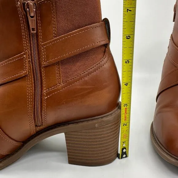 Clarks Brown Leather and Fabric Criss Cross Buckle Ankle Boots Womens Size 9.5