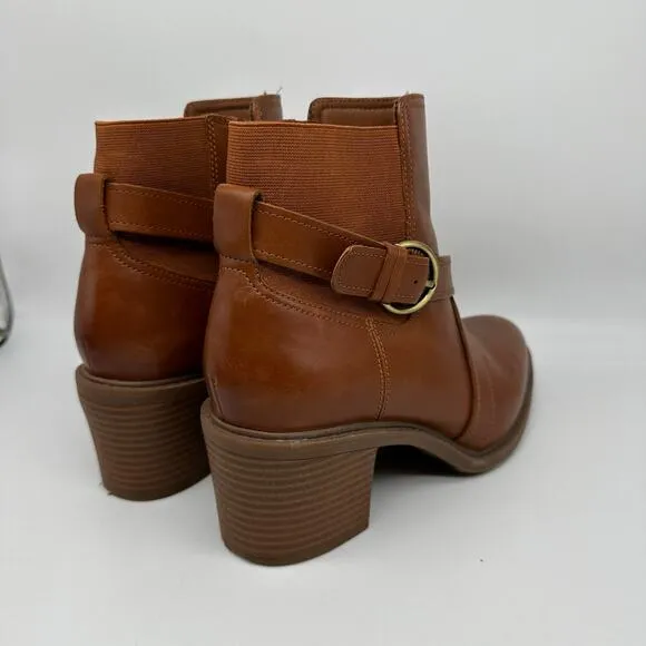 Clarks Brown Leather and Fabric Criss Cross Buckle Ankle Boots Womens Size 9.5
