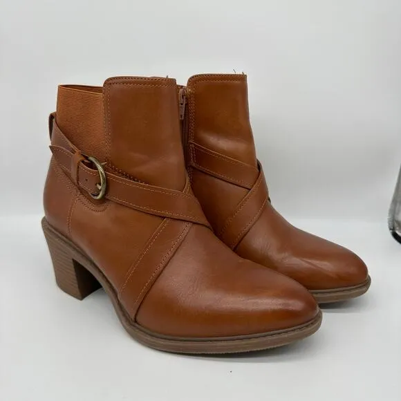 Clarks Brown Leather and Fabric Criss Cross Buckle Ankle Boots Womens Size 9.5