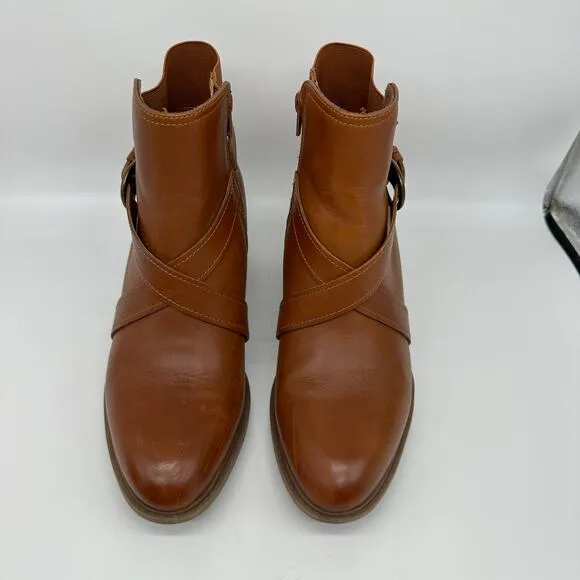 Clarks Brown Leather and Fabric Criss Cross Buckle Ankle Boots Womens Size 9.5