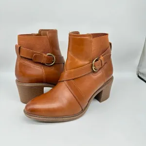 Clarks Brown Leather and Fabric Criss Cross Buckle Ankle Boots Womens Size 9.5