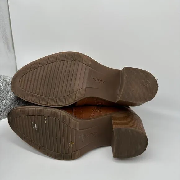 Clarks Brown Leather and Fabric Criss Cross Buckle Ankle Boots Womens Size 9.5