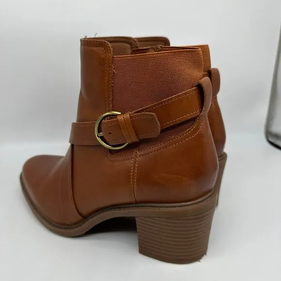 Clarks Brown Leather and Fabric Criss Cross Buckle Ankle Boots Womens Size 9.5