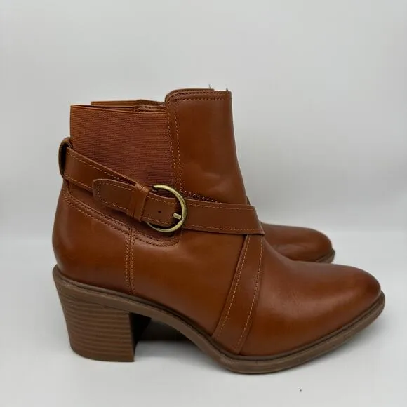 Clarks Brown Leather and Fabric Criss Cross Buckle Ankle Boots Womens Size 9.5