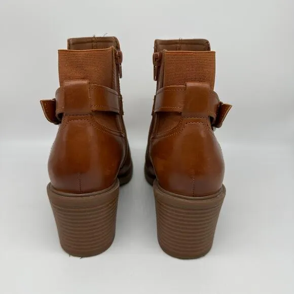 Clarks Brown Leather and Fabric Criss Cross Buckle Ankle Boots Womens Size 9.5
