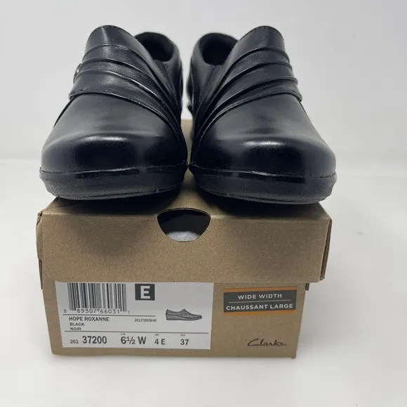Clarks Hope Roxanne Leather Comfort Shoes in Black Size 6.5 Wide‎ NEW Retail $90
