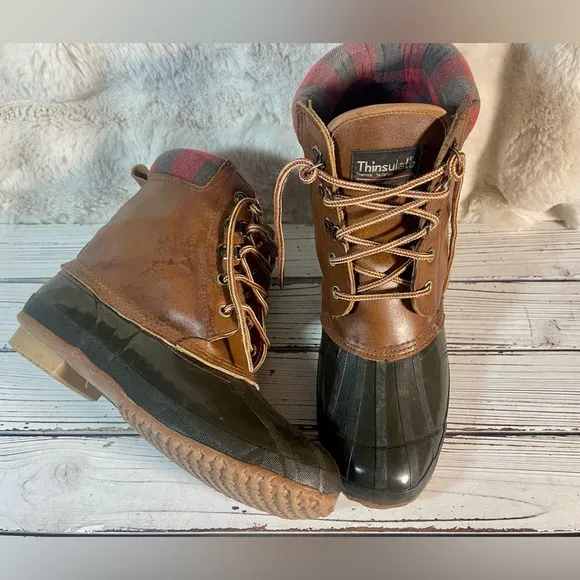 CLEANED Size 10 Vintage Thinsulate Leather Duck Boots Flannel Check Trim Thermal
