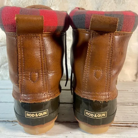 CLEANED Size 10 Vintage Thinsulate Leather Duck Boots Flannel Check Trim Thermal