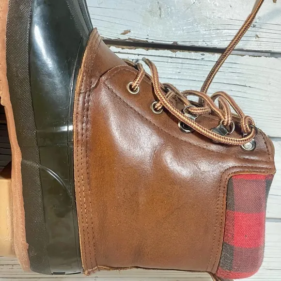 CLEANED Size 10 Vintage Thinsulate Leather Duck Boots Flannel Check Trim Thermal
