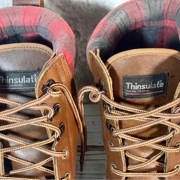 CLEANED Size 10 Vintage Thinsulate Leather Duck Boots Flannel Check Trim Thermal