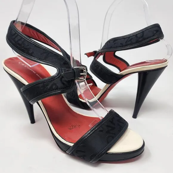 CNC Costume National Heeled Sandals Women 9 Logo Black Stiletto Ankle Strap
