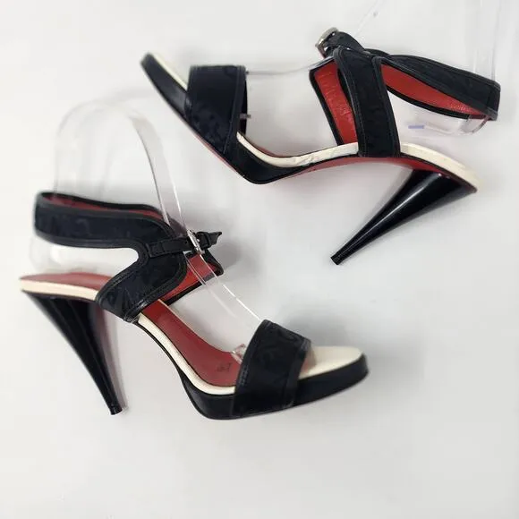 CNC Costume National Heeled Sandals Women 9 Logo Black Stiletto Ankle Strap