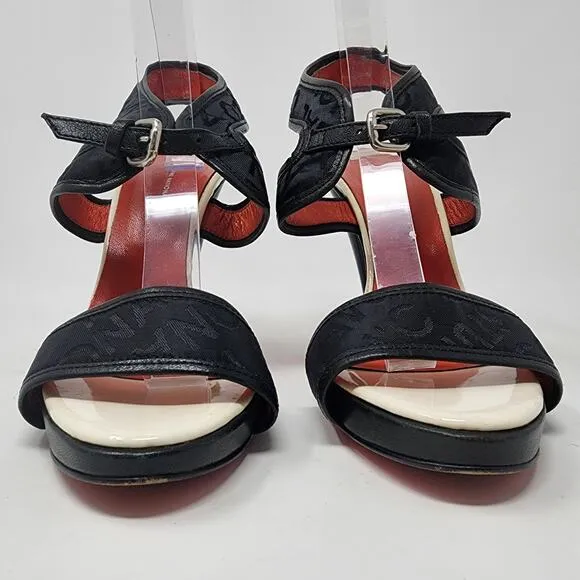 CNC Costume National Heeled Sandals Women 9 Logo Black Stiletto Ankle Strap