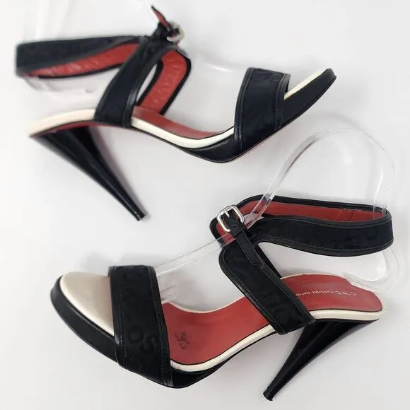 CNC Costume National Heeled Sandals Women 9 Logo Black Stiletto Ankle Strap