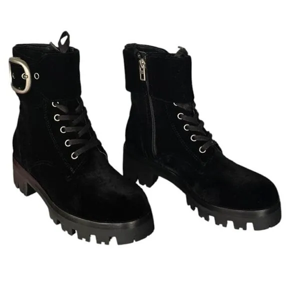 COACH Lucy Black Velvet Combat Boots Lace Up Buckle Rugged Bootie Womens 5 B