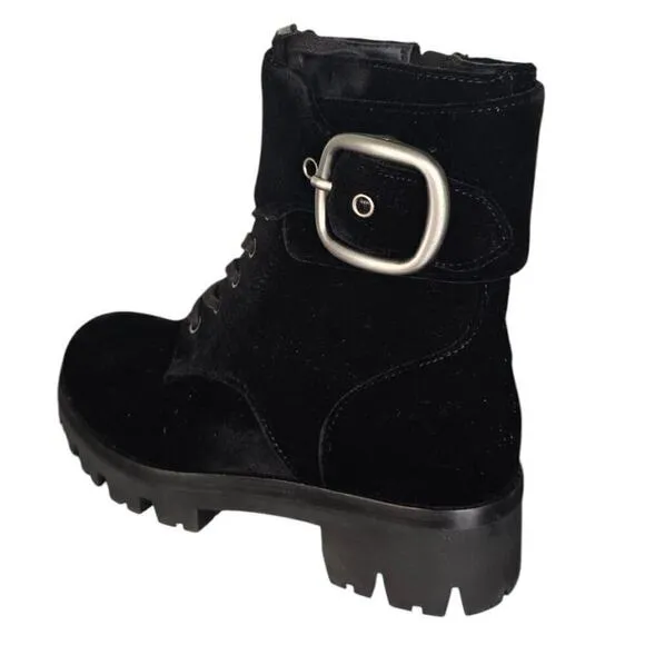 COACH Lucy Black Velvet Combat Boots Lace Up Buckle Rugged Bootie Womens 5 B