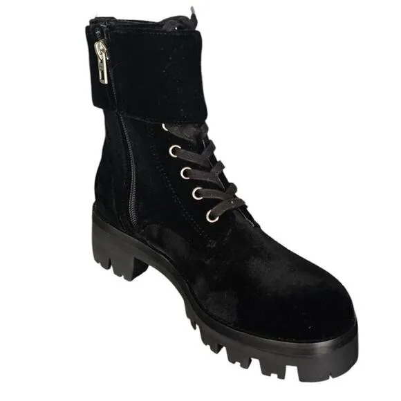 COACH Lucy Black Velvet Combat Boots Lace Up Buckle Rugged Bootie Womens 5 B
