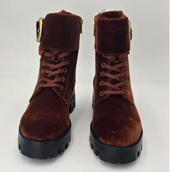 COACH Lucy Burgundy Velvet Combat Boots Lace Up Buckle Rugged Bootie Womens 5.5B