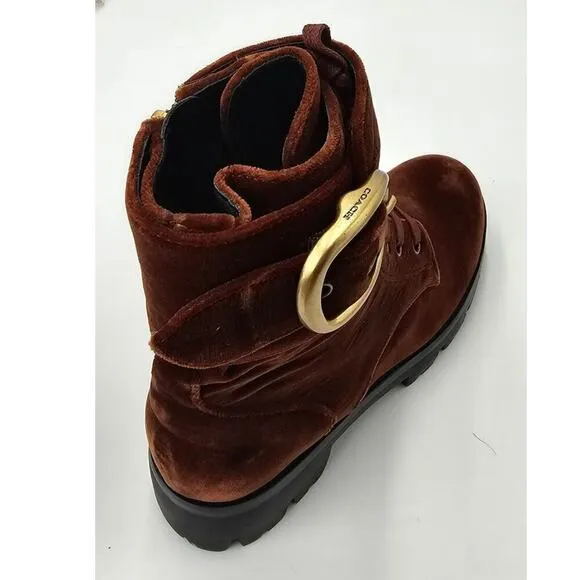 COACH Lucy Burgundy Velvet Combat Boots Lace Up Buckle Rugged Bootie Womens 5.5B