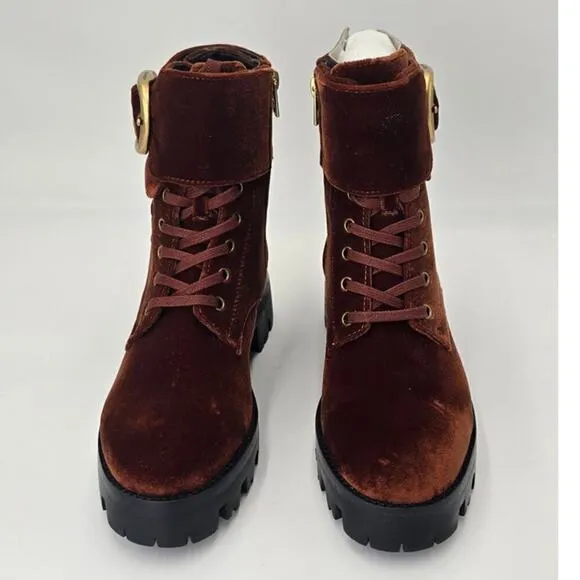 COACH Lucy Burgundy Velvet Combat Boots Lace Up Buckle Rugged Bootie Womens 5.5B