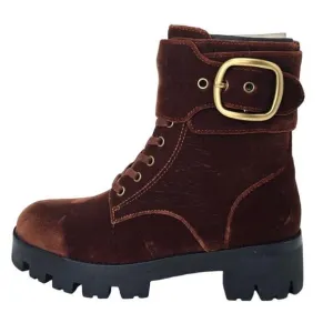 COACH Lucy Burgundy Velvet Combat Boots Lace Up Buckle Rugged Bootie Womens 5.5B