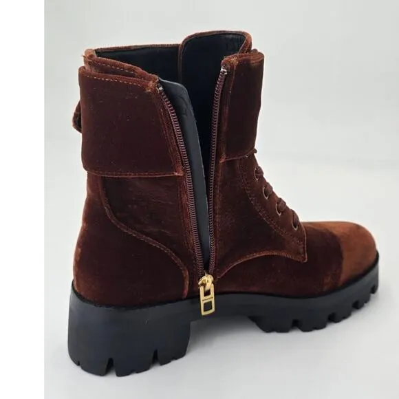COACH Lucy Burgundy Velvet Combat Boots Lace Up Buckle Rugged Bootie Womens 5.5B