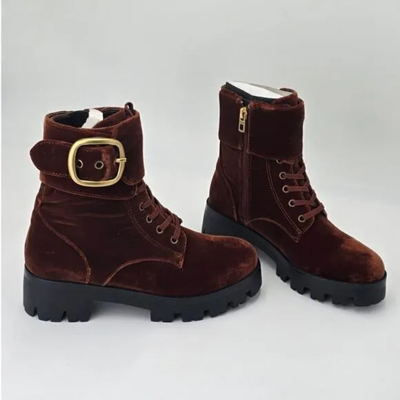 COACH Lucy Burgundy Velvet Combat Boots Lace Up Buckle Rugged Bootie Womens 5.5B