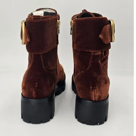 COACH Lucy Burgundy Velvet Combat Boots Lace Up Buckle Rugged Bootie Womens 5.5B