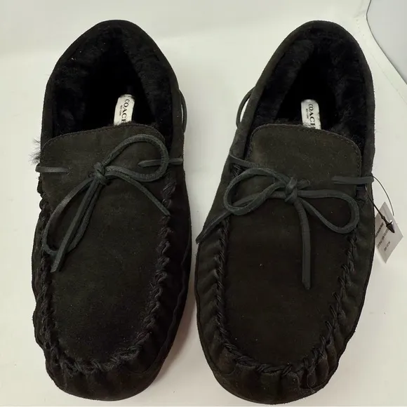 Coach Mens Size 8 shearling moccasin indoor/outdoor slippers Black NWT