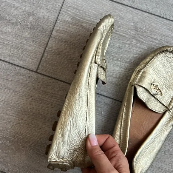 Coach Nicola gold metallic leather flat penny loafers style slip on shoes size 8