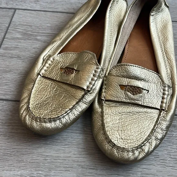 Coach Nicola gold metallic leather flat penny loafers style slip on shoes size 8