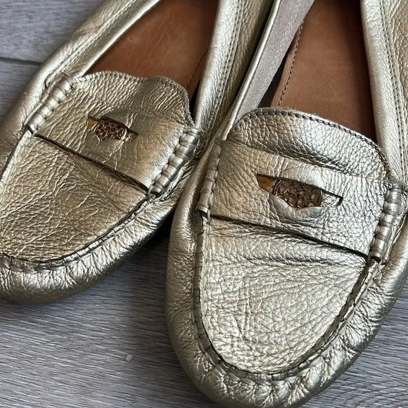 Coach Nicola gold metallic leather flat penny loafers style slip on shoes size 8