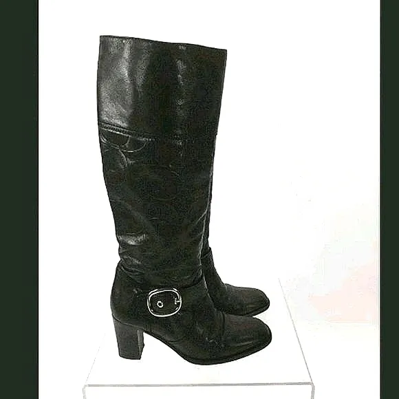 COACH Signature leather chunky heel boots 😍Rare HTF zipper